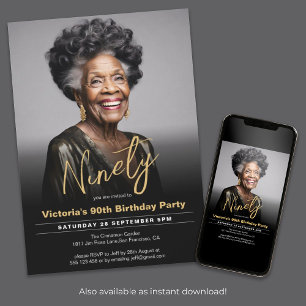 Invitation 90e anniversaire Black Gold Minimal photo moderne