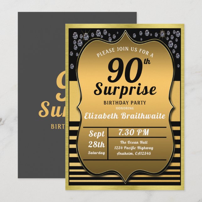 Invitation 90e anniversaire Black Gold Surprise Party (Devant / Derrière)