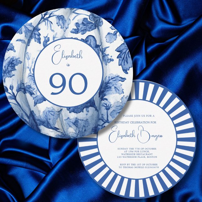 Invitation 90E Anniversaire Bleu Bande Florale (Créateur téléchargé)