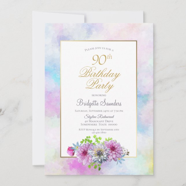 Invitation 90e anniversaire Bleu rose Floral Gold Pastel Bord (Devant)