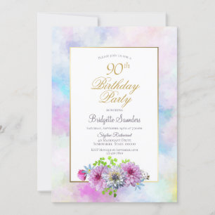 Invitation 90e anniversaire Bleu rose Floral Gold Pastel Bord