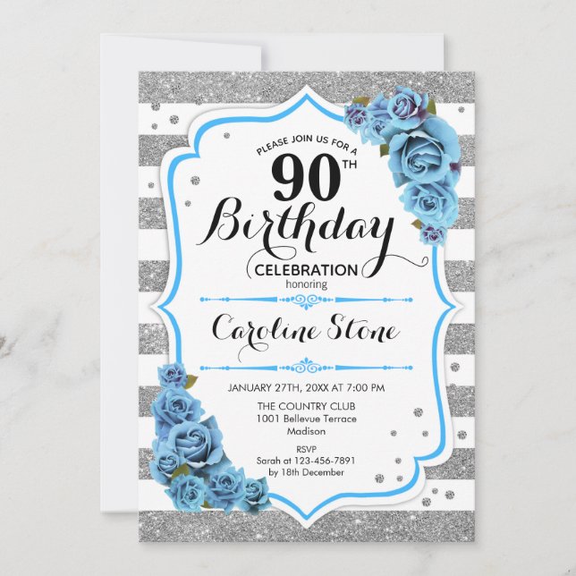 Invitation 90e anniversaire - Bleu Silver White Stripes (Devant)