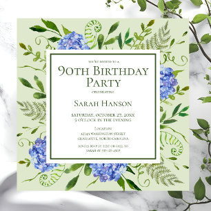 Invitation 90e anniversaire Blue Hydrangeas Floral Aquarelle