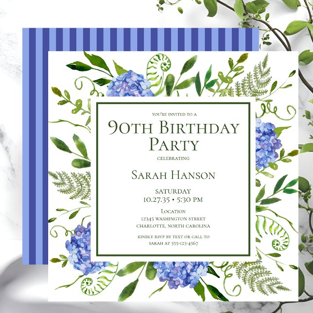 Invitation 90e anniversaire Blue Hydrangeas Floral Aquarelle (Créateur téléchargé)