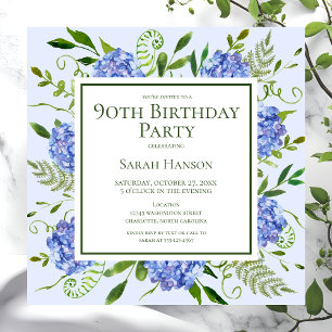 Invitation 90e anniversaire Blue Hydrangeas Floral Aquarelle
