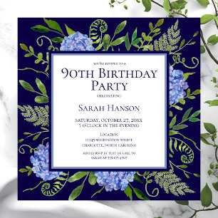 Invitation 90e anniversaire Blue Hydrangeas Floral Aquarelle