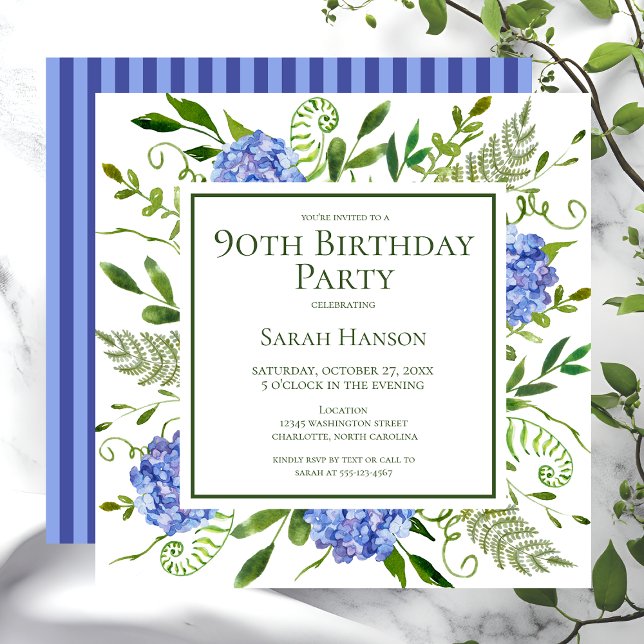 Invitation 90e anniversaire Blue Hydrangeas Floral Aquarelle (Créateur téléchargé)