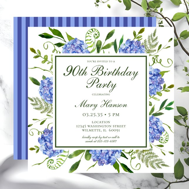 Invitation 90e anniversaire Blue Hydrangeas Floral Aquarelle (Créateur téléchargé)