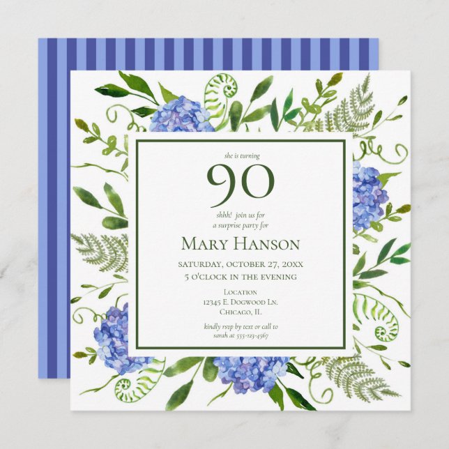 Invitation 90e anniversaire Blue Hydrangeas Floral Aquarelle (Devant / Derrière)