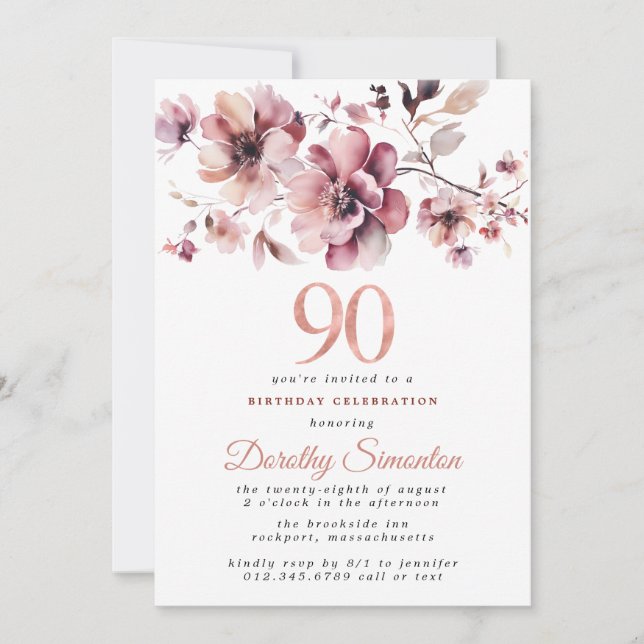 Invitation 90e anniversaire Bourgogne Dusty Blush rose floral (Devant)