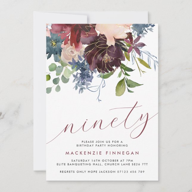 Invitation 90e anniversaire Bourgogne & Navy Floral Script Pa (Devant)