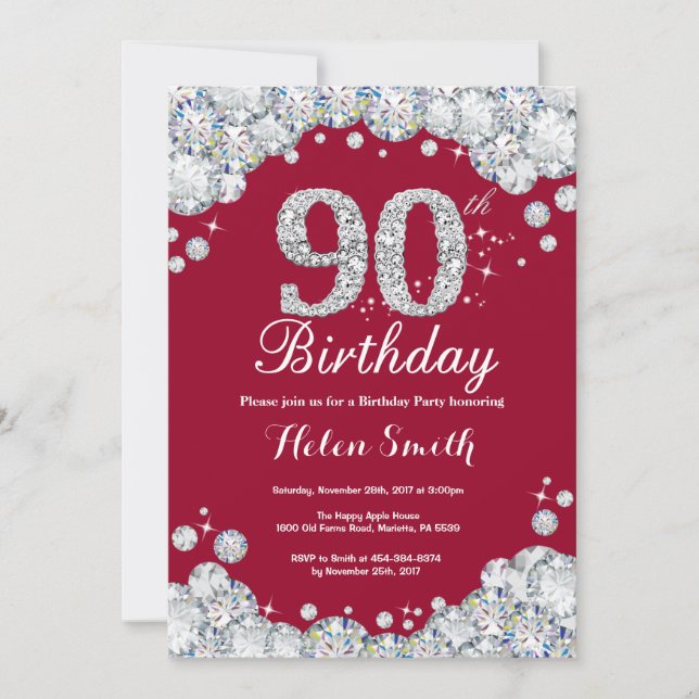 Invitation 90e anniversaire Bourgogne Rouge et Diamant Argent (Devant)