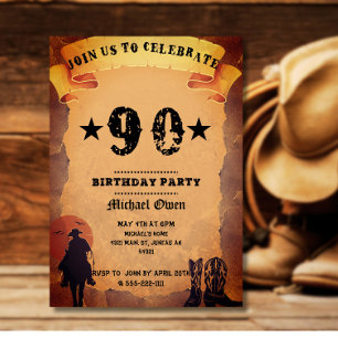 Invitation 90e anniversaire cowboy vieux papier cheval cheval