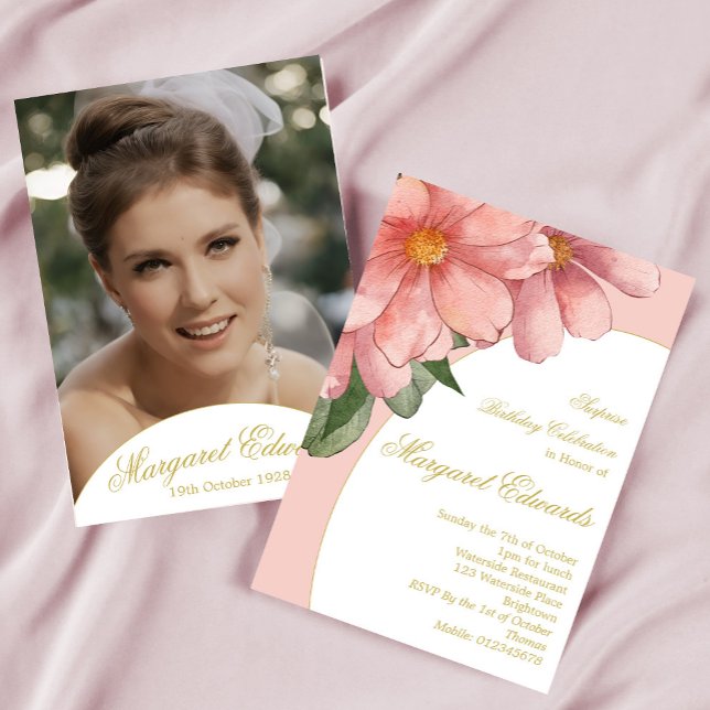 Invitation 90e anniversaire de la photo florale élégante en o (Créateur téléchargé)