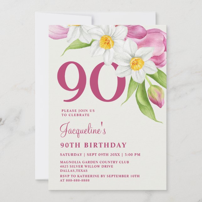Invitation 90E Anniversaire Design Élégant Moderne Rose Flora (Devant)