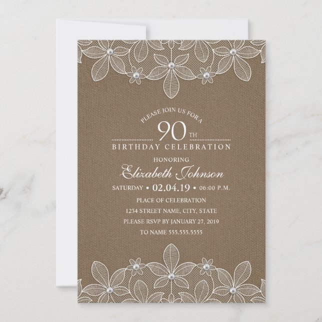 Invitation 90e anniversaire du Rustic Burlap Pearls and Lace (Devant)
