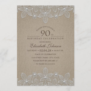 Invitation 90e anniversaire du Rustic Burlap Pearls and Lace