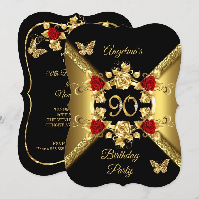 Invitation 90e anniversaire Elégant Or Roses rouges Noir (Devant / Derrière)