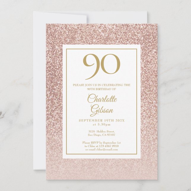 Invitation 90e anniversaire Elegant Rose Gold Parties scintil (Devant)