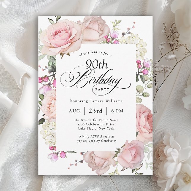 Invitation 90e anniversaire Élégante calligraphie rose roses (Available in both printed and instant download digital formats.)