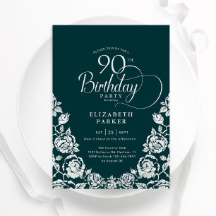 Invitation 90e anniversaire Emerald Green Roses d'argent