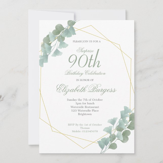 Invitation 90e anniversaire Eucalyptus Chic Géométrique Éléga (Devant)