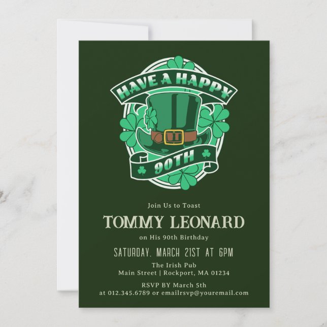 Invitation 90e anniversaire fête Leprechaun Casquette Shamroc (Devant)