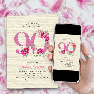 Invitation 90e anniversaire Fleur de pivoine rose