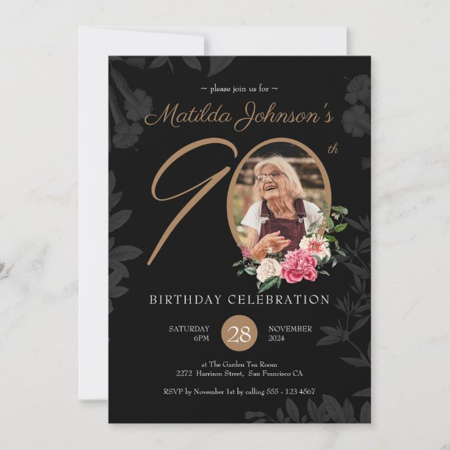 Invitation 90e anniversaire Floral Black Gold Botanical Custo (Devant)