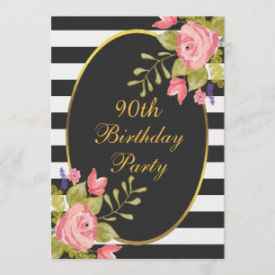 Invitation 90e anniversaire Floral Black White Stripes Gold F