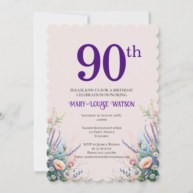 Invitation 90e anniversaire Floral rose et pourpre (Devant)