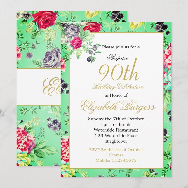Invitation 90e anniversaire Floral Rose or Monogramme Anniver (Devant / Derrière)