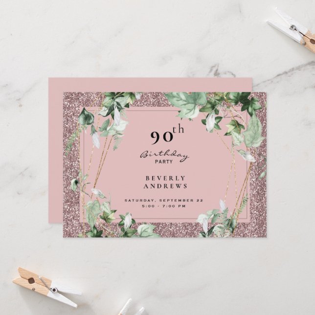 Invitation 90e anniversaire Foliage élégant Pink Glam (Devant/Arrière en situation)