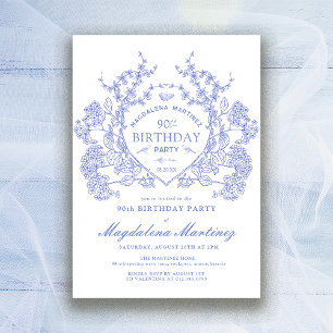 Invitation 90e Anniversaire French Vintage Crête Florale Bleu