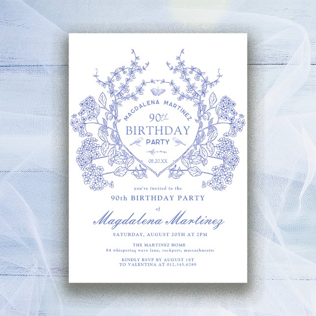 Invitation 90e Anniversaire French Vintage Crête Florale Bleu (Créateur téléchargé)