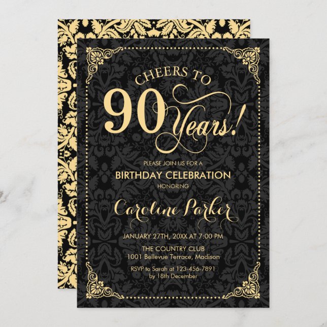 Invitation 90e anniversaire - Gold Black Damask (Devant / Derrière)