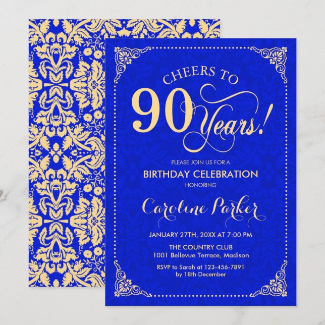 Invitation 90e anniversaire - Gold Royal Blue Damask (Devant / Derrière)
