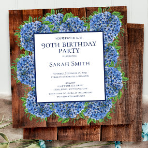 Invitation 90e Anniversaire Hydrangeas Bleu Bois Fête Rustiqu