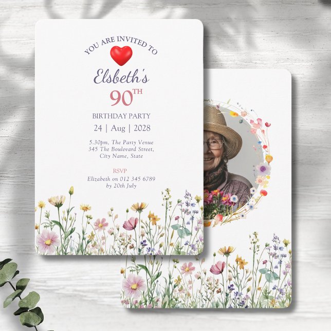 Invitation 90e anniversaire Jardin Floral Wild Meadow Photo (90th birthday floral birthday party invitations with photo on a grey wood background)