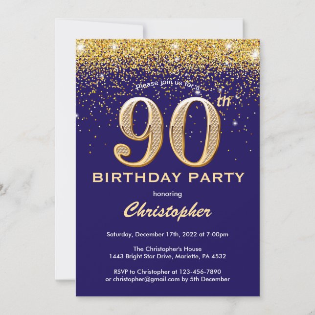 Invitation 90e anniversaire Marine Bleu et Parties scintillan (Devant)