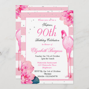 Invitation 90e anniversaire Ninetieth Flamant rose Monogramme