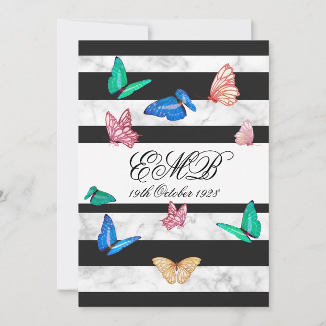 Invitation 90e anniversaire Noir Blanc Papillon Anniversaire  (Dos)