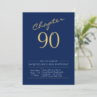 Invitation 90e Anniversaire Or Script moderne bleu