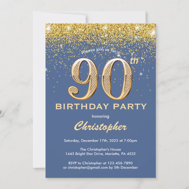 Invitation 90e anniversaire Parties scintillant bleue et or C (Devant)