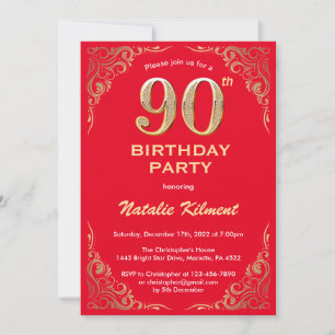 Invitation 90e anniversaire Parties scintillant rouge et or