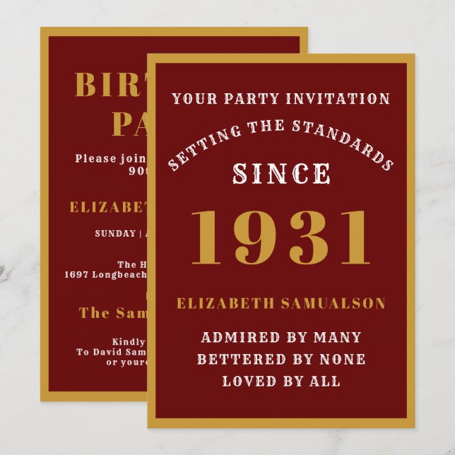 Invitation 90e anniversaire personnalisé 1931 Elégant or roug (Devant / Derrière)