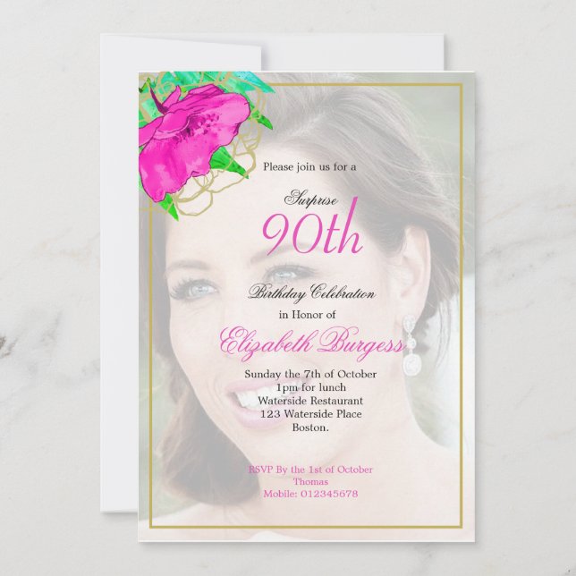 Invitation 90e anniversaire Photo rose or moderne Elégant (Dos)