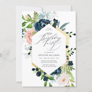 Invitation 90e anniversaire Pink Blue Rose Aquarelle Floral