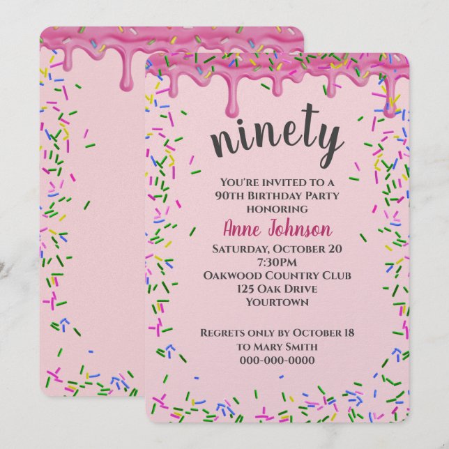 Invitation 90e Anniversaire Pink Icing Et Sprinkles (Devant / Derrière)
