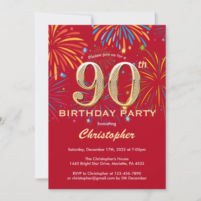 Invitation 90e anniversaire Red and Gold Rainbow Fireworks (Devant)